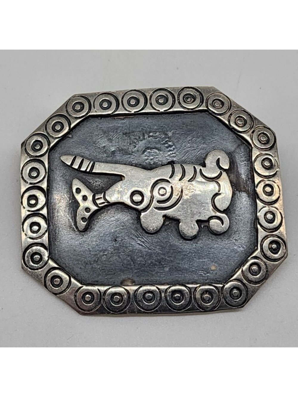 Sterling Silver Aztec Brooch Talleres Los Ballesteros Octagon Shape Stamped